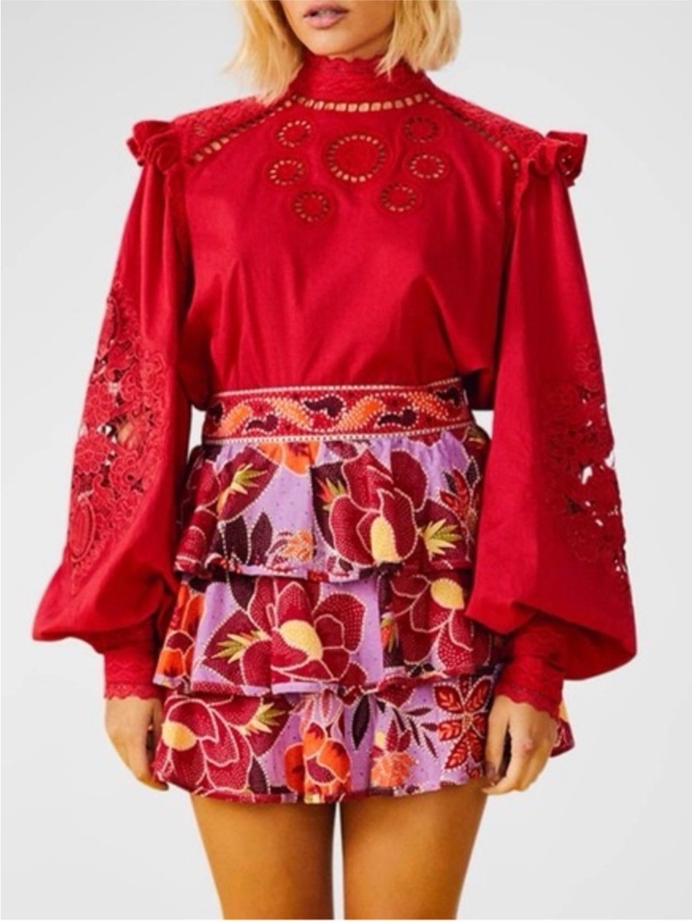 FARM Rio Embroidered Red Romantic Blouse - S
